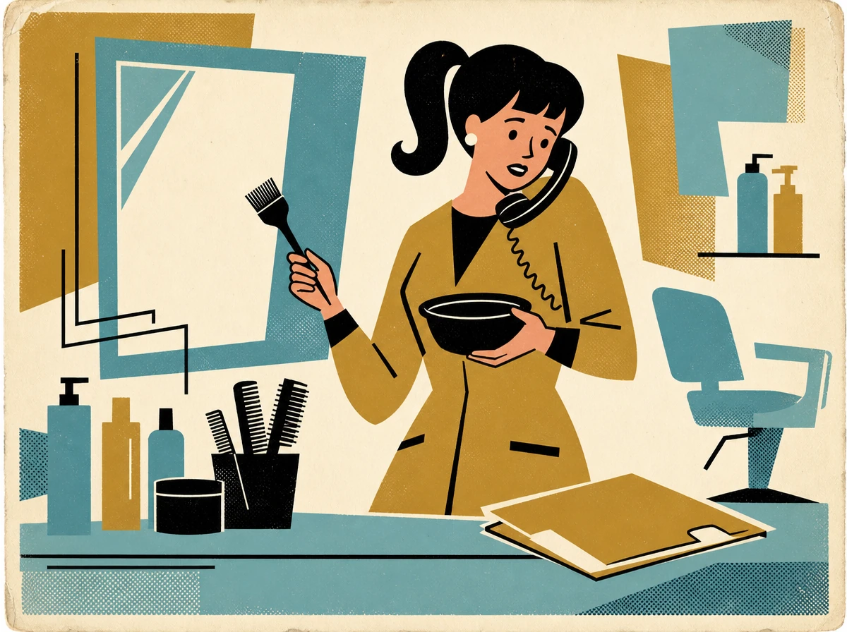 Jayne balancing a salon phone on her shoulder while holding a color bowl and brush, in mustard and teal.