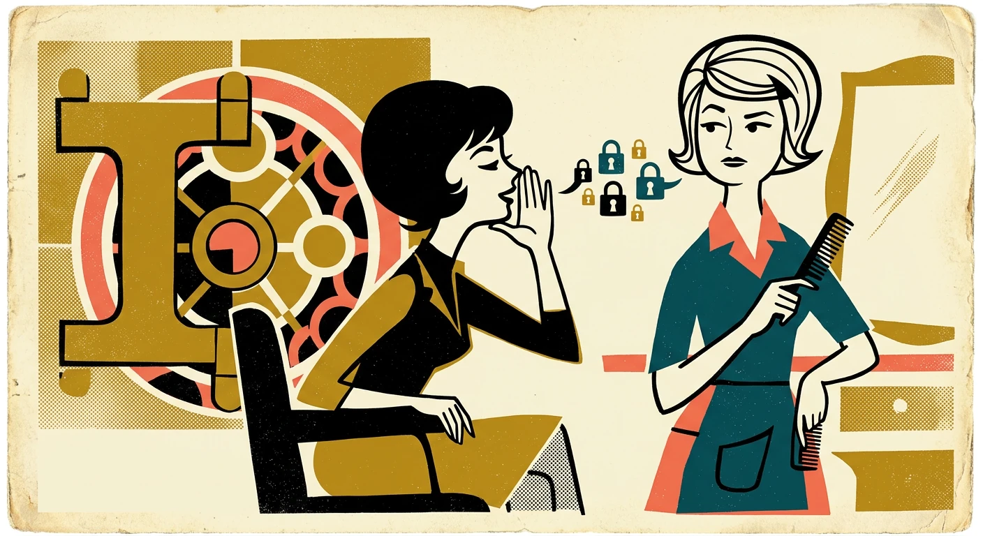 A client whispering to a stylist, with illustrated padlocks between them.