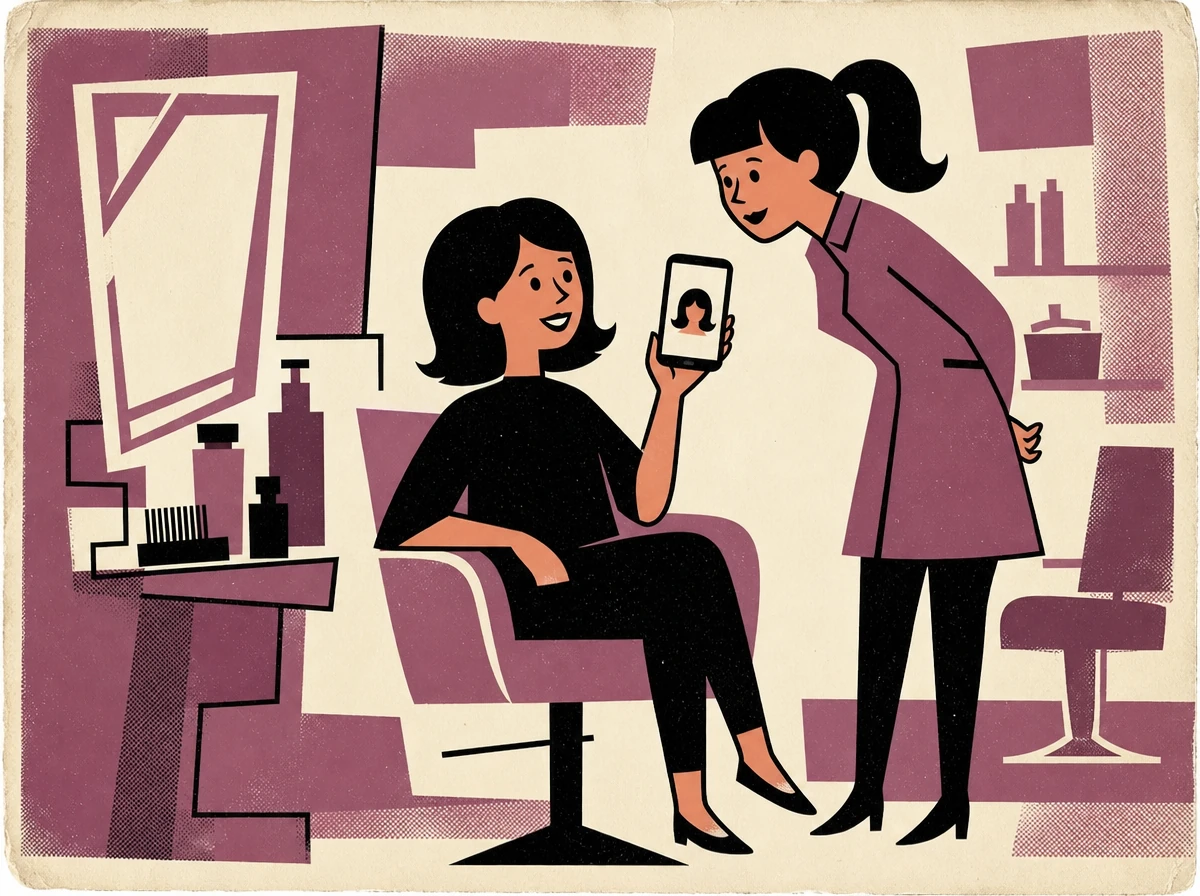 A client showing Jayne a haircut photograph on her phone, in plum and cream.