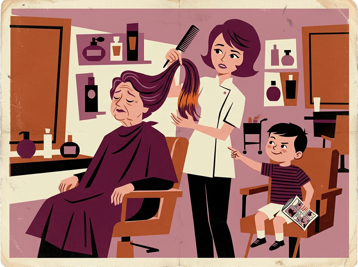 A hairdresser examines a client’s copper-colored ends while her grandson points from the next chair.