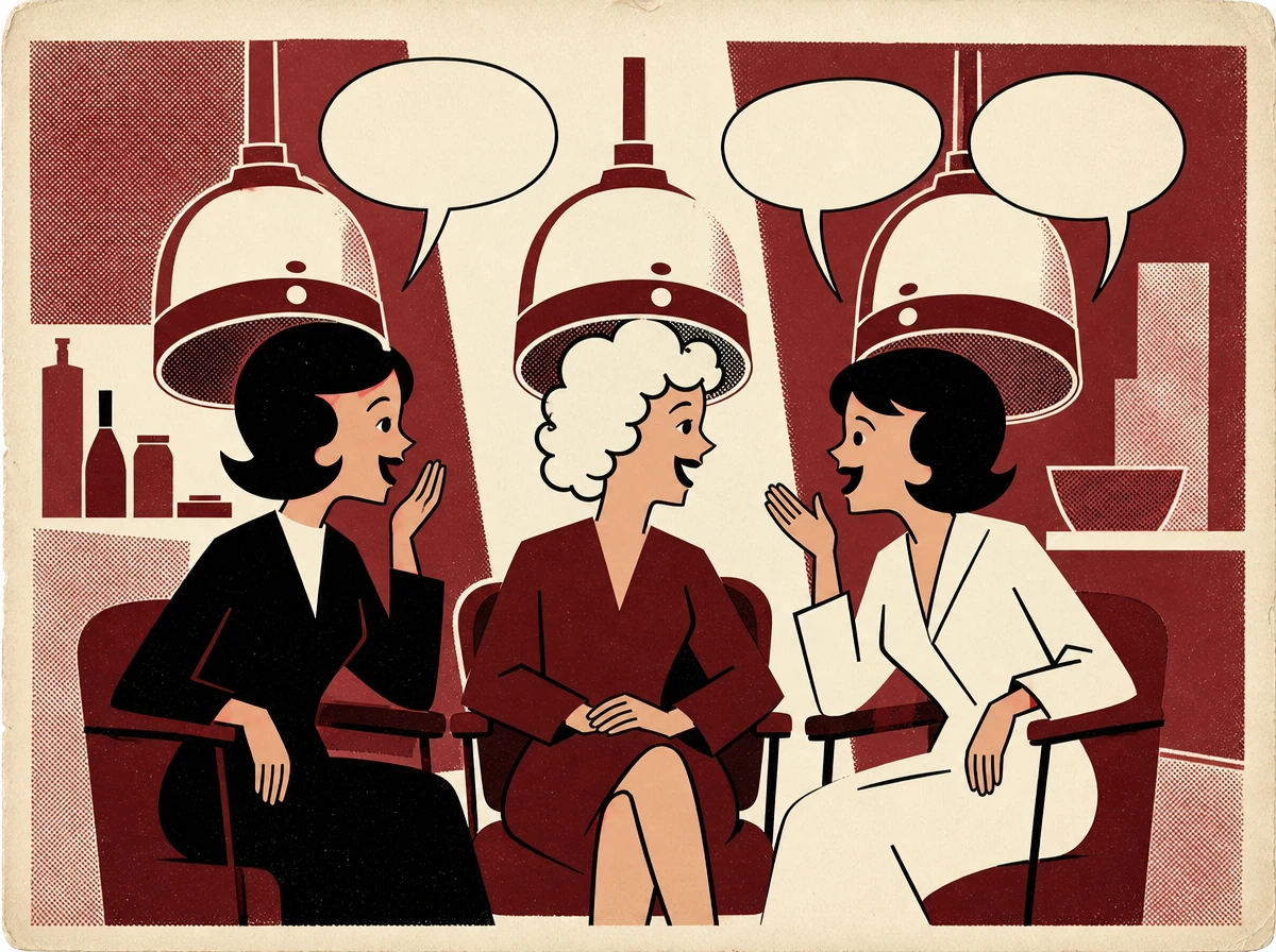 Three women trading gossip beneath salon dryers