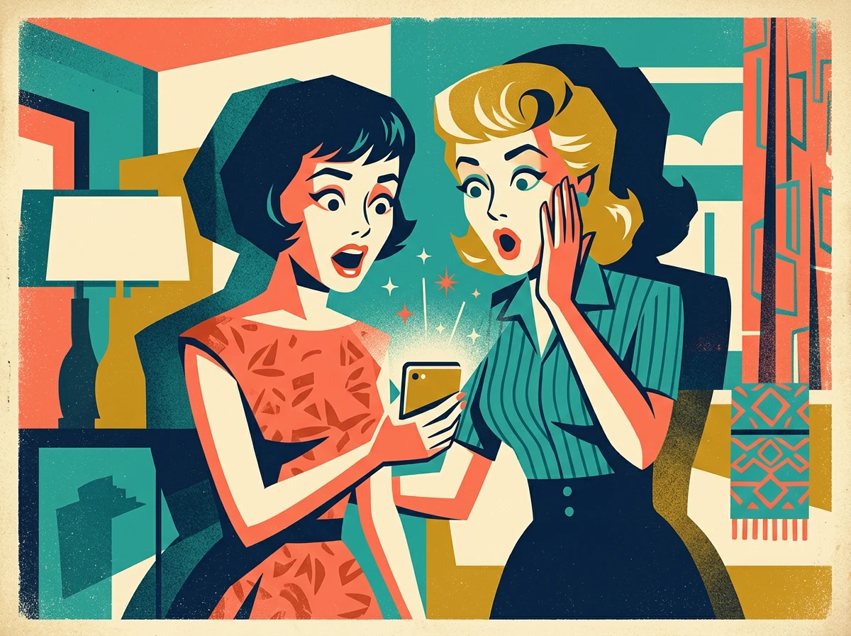 Two surprised women looking at a phone in a teal and coral room.