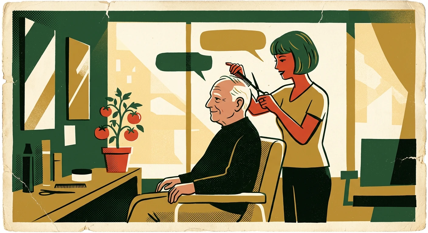 A stylist cutting an older man’s hair beside a window and a tomato plant.