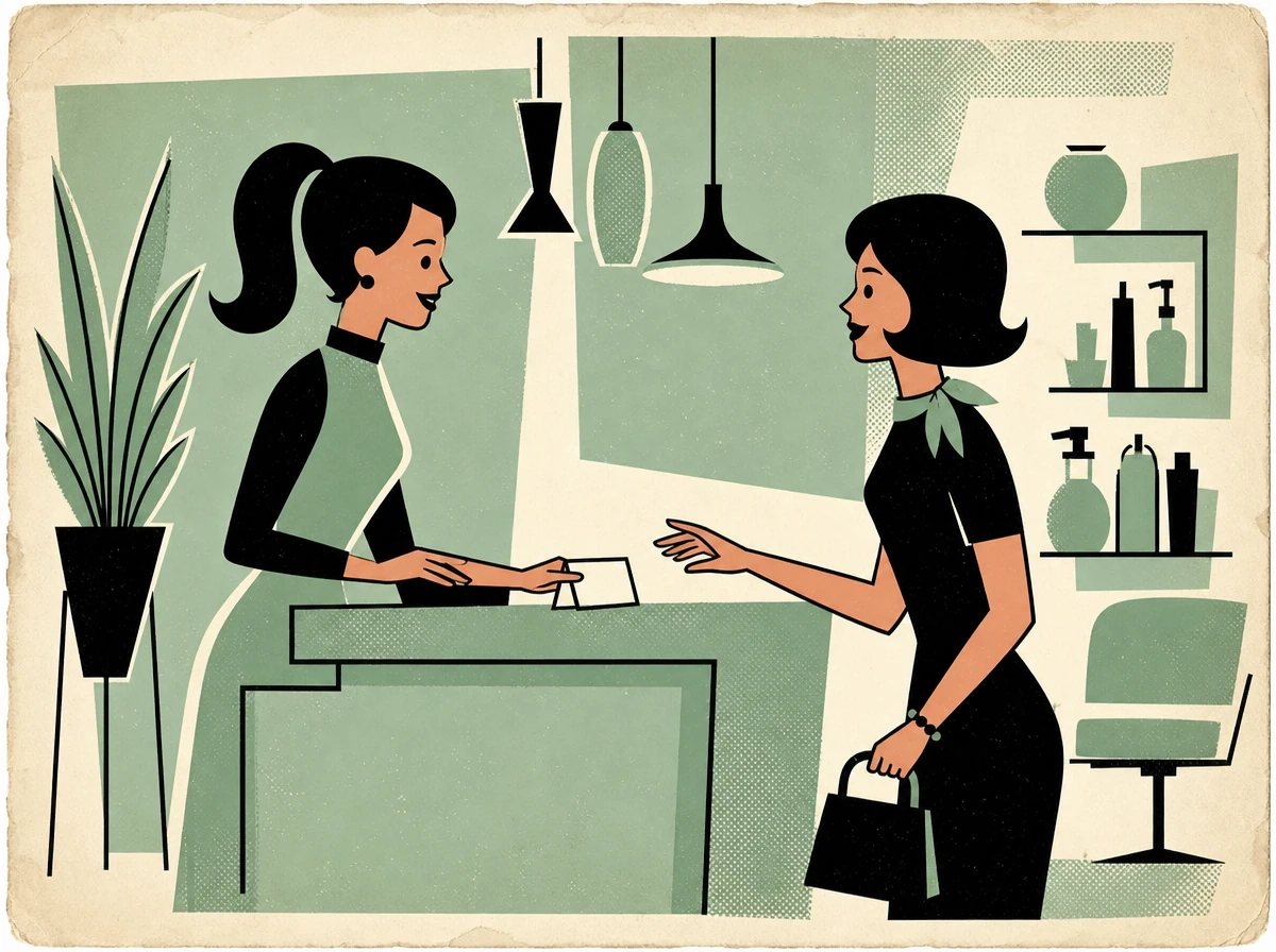A client paying Jayne at the salon counter, illustrated in sage green and cream.