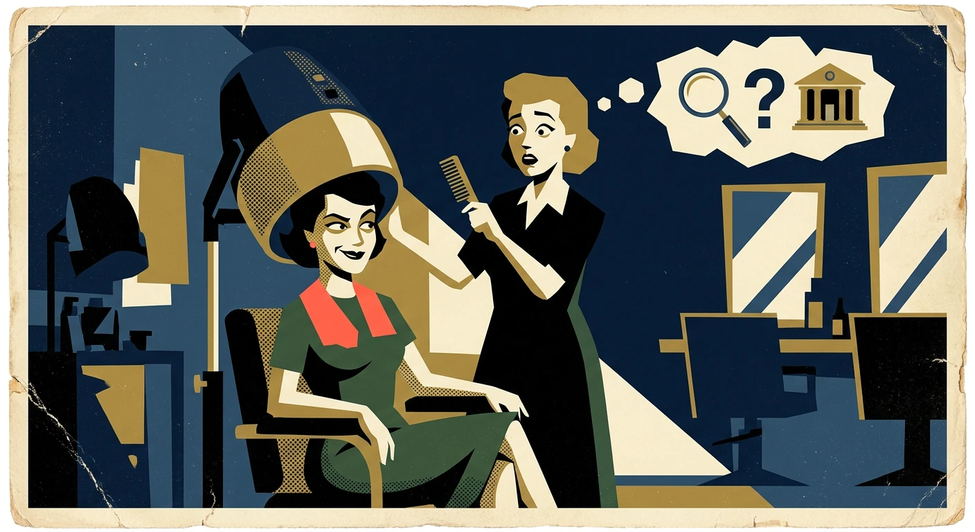 A client under a salon dryer beside a stylist imagining a magnifying glass, question mark, and courthouse.