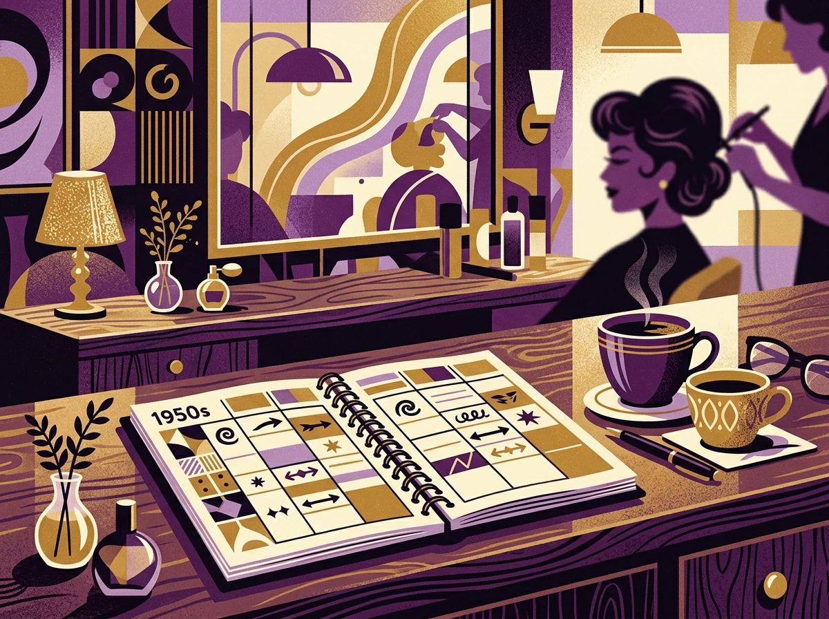 An open salon style book and coffee cups in a purple and gold salon.