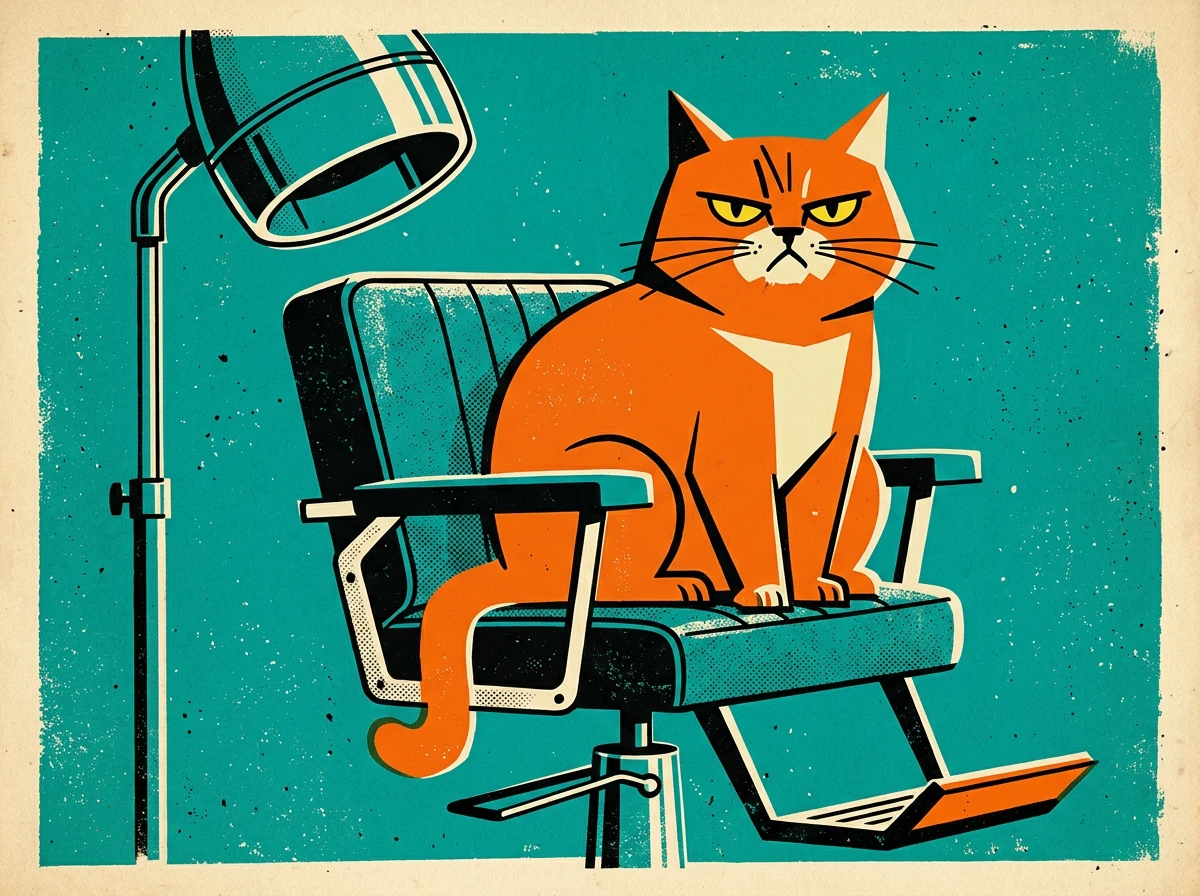 An orange cat sitting in a teal salon chair beneath a hood dryer.
