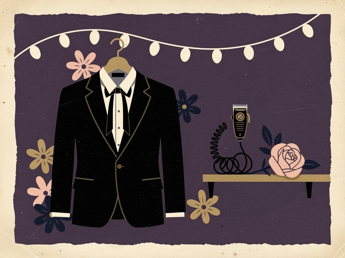 A dark suit on a hanger beside hair clippers and flowers, against a plum background.
