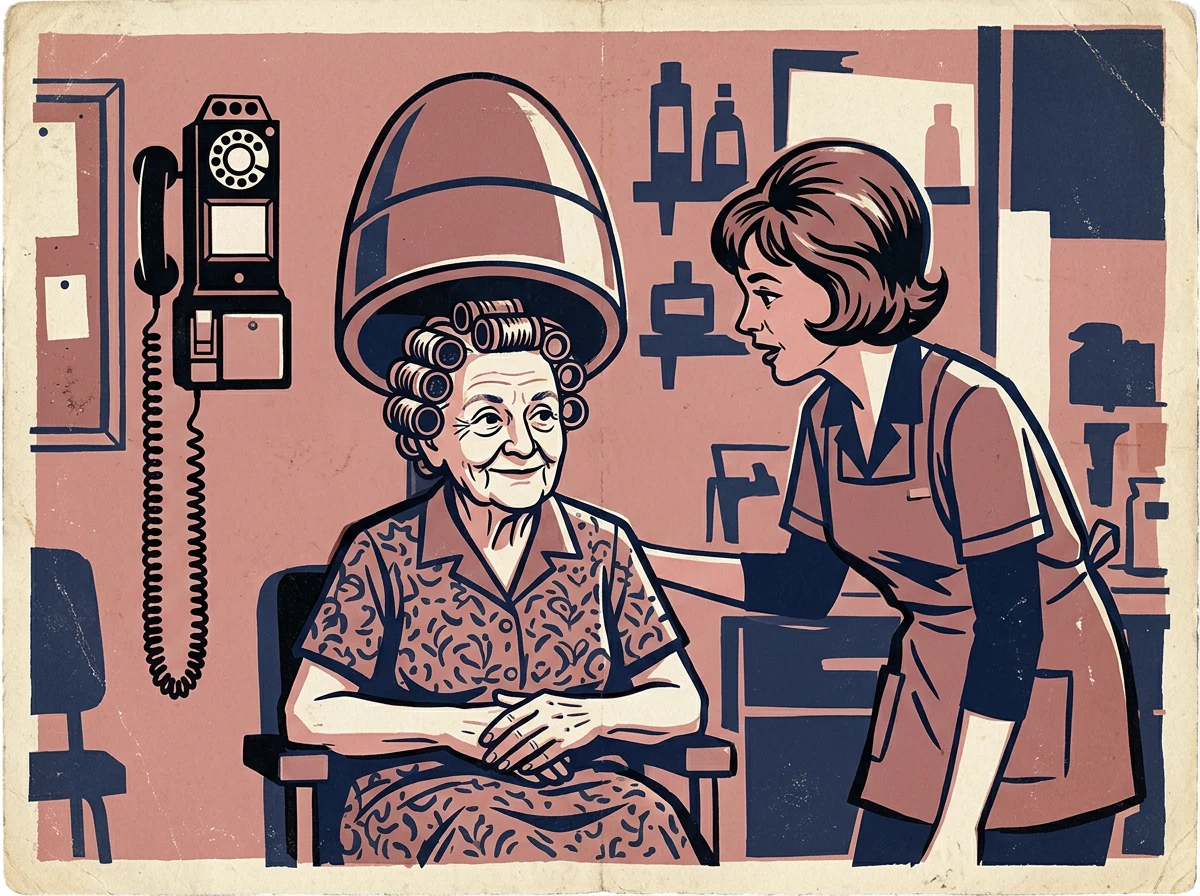 A hairdresser listens to an older client seated beneath a salon dryer, with a wall telephone nearby.