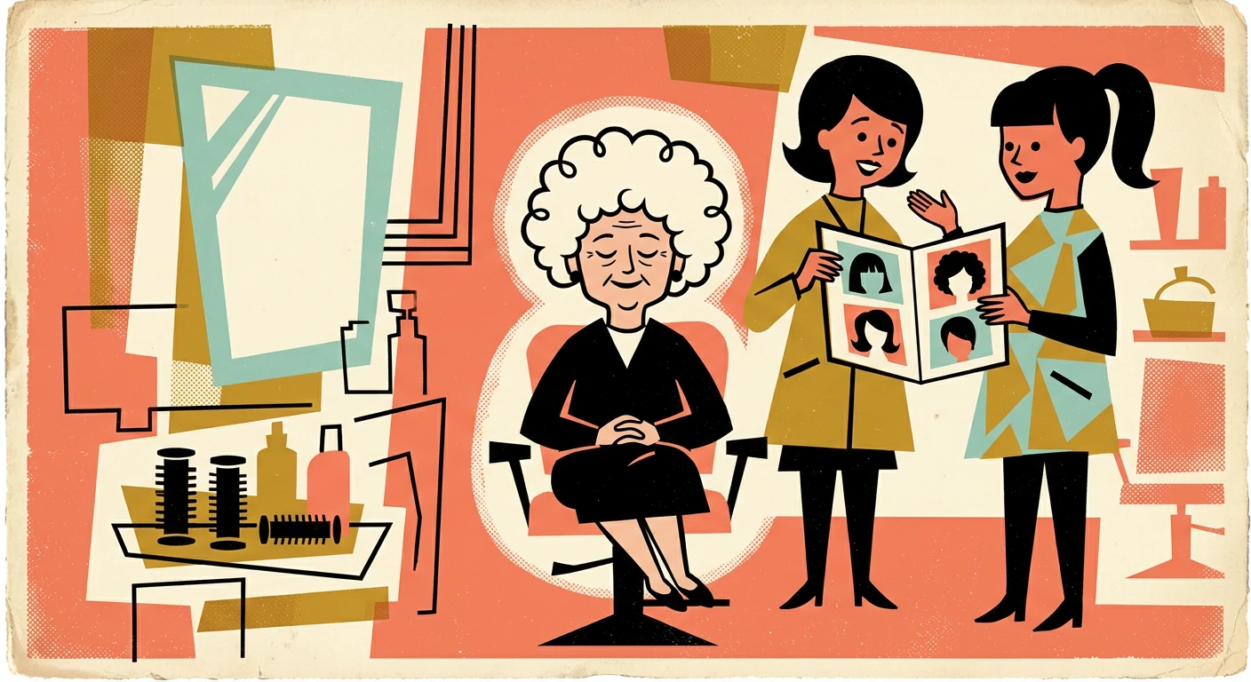 An older woman seated in a salon chair while two women consult a hairstyle book.
