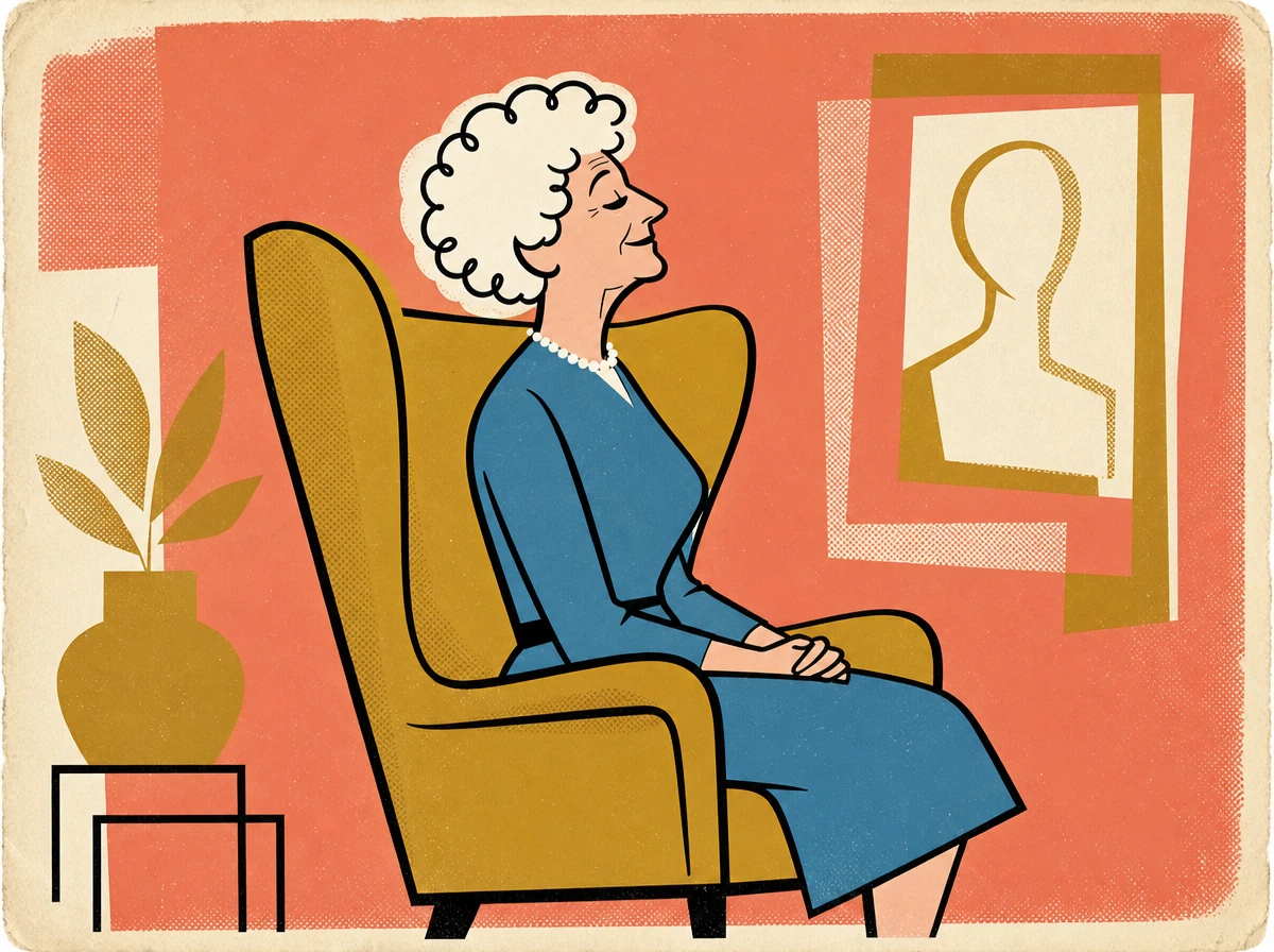 A white-haired woman in a blue dress sitting proudly beside a portrait frame, in coral and gold.