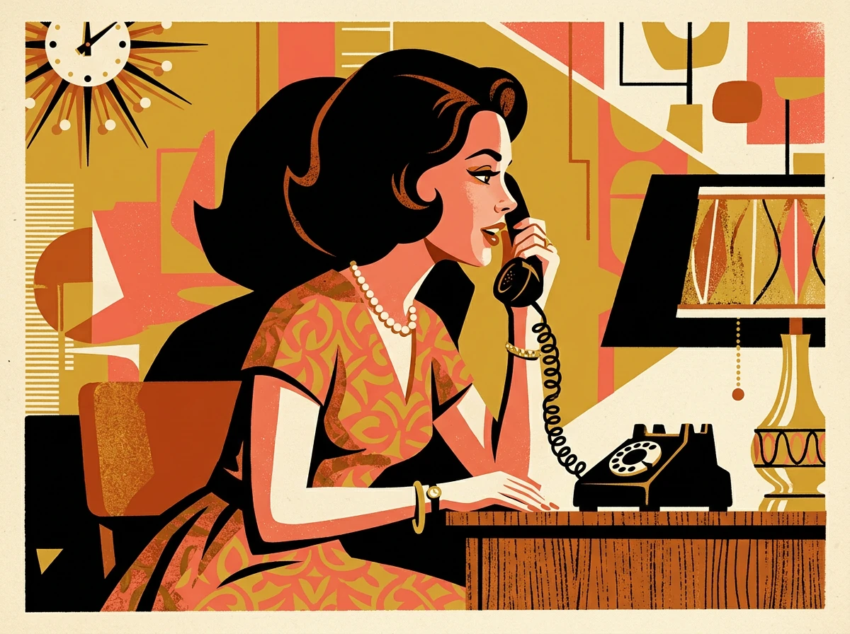 A woman talking on a rotary telephone, with coral and mustard salon decor.