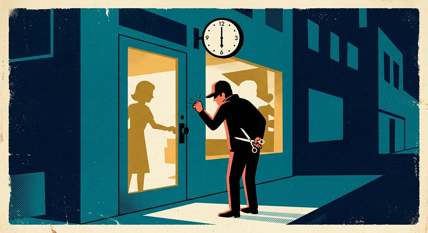A man holding scissors behind his back at the door of a lit salon after dark.