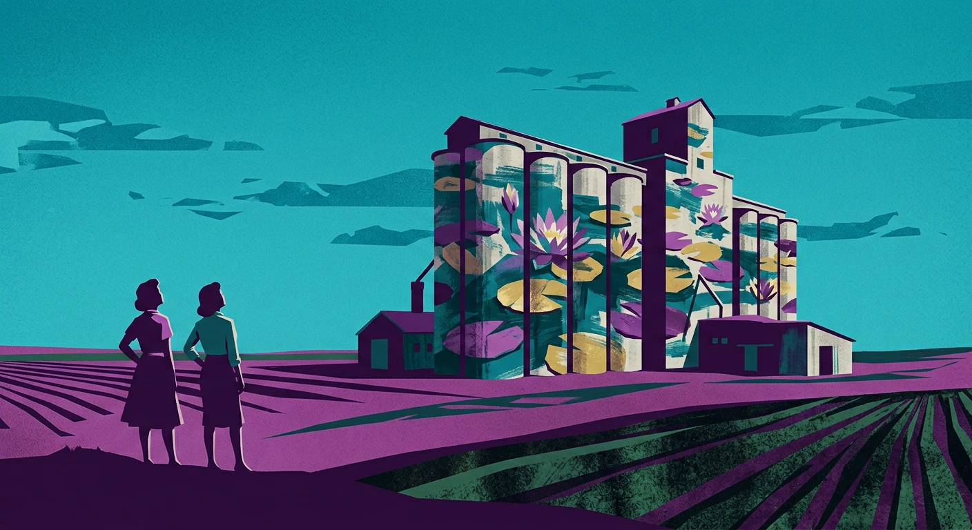 Two women looking toward grain elevators painted with water lilies, in teal, purple, and gold.