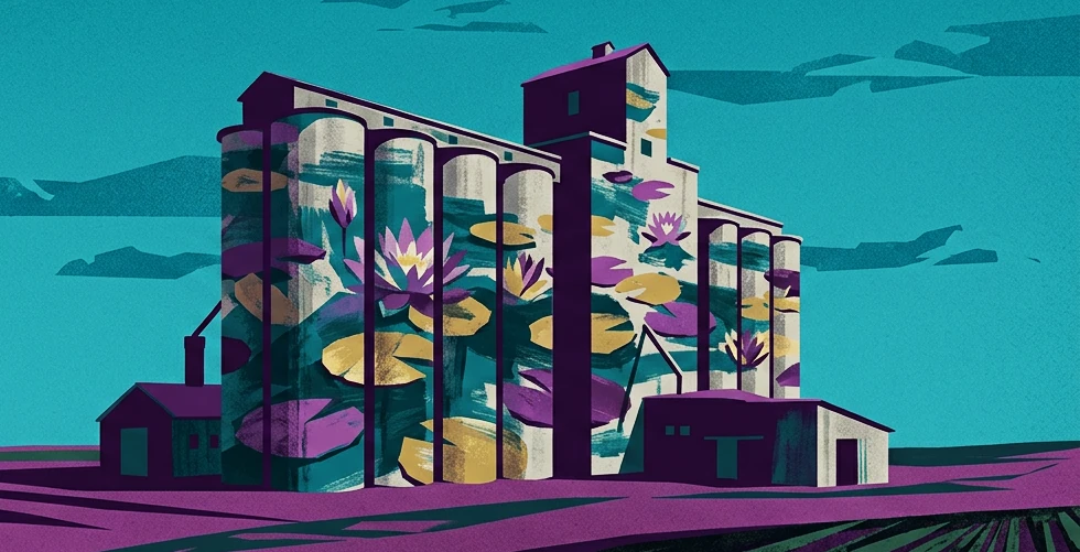 A closer view of Monet’s grain elevators painted with water lilies, in teal, purple, and gold.